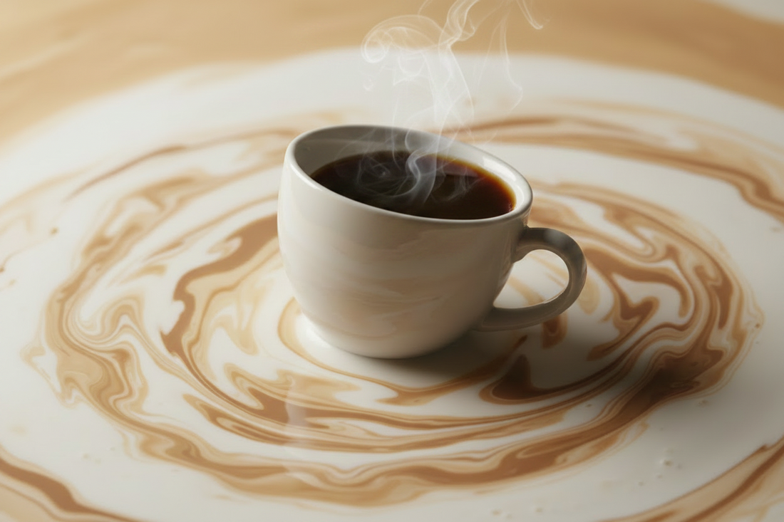 A hot cup of steaming coffee in white cup floating in a pool of coffee creamer
