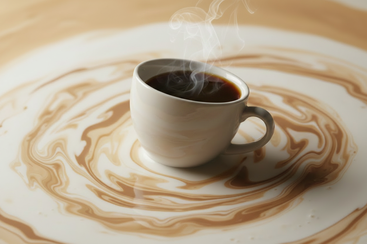 A hot cup of steaming coffee in white cup floating in a pool of coffee creamer