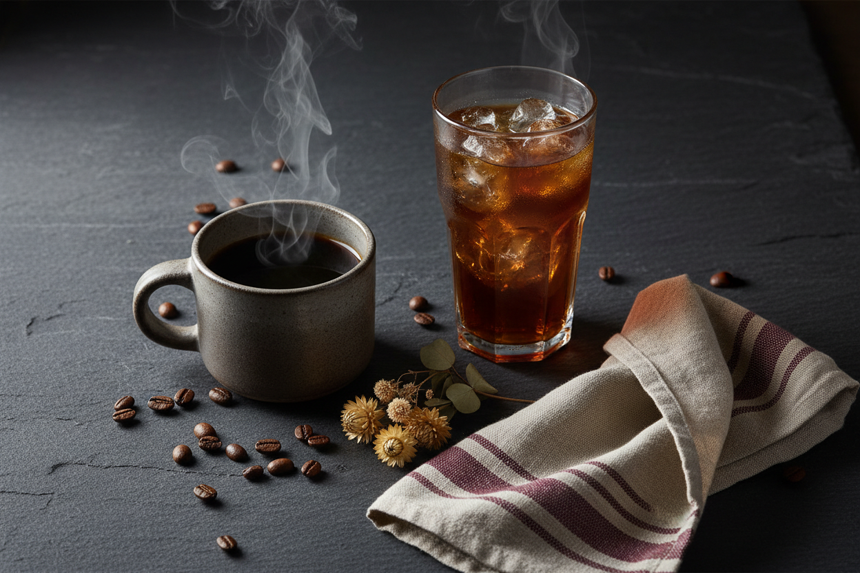 moody editorial flat lay with a steaming mug alongside a cold brew glass, coffee beans, dried botanicals, and cream/burgundy linen 