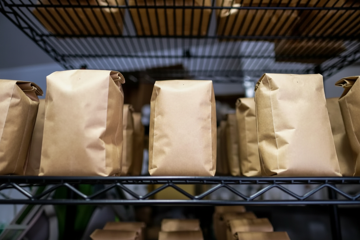 plain large kraft coffee bags lined up on a wire shelf, low angle, blurred background, dim warehouse lighting.