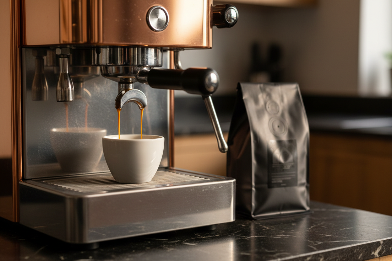Polished copper and stainless steel prosumer espresso machine pulling a golden espresso shot beside a bag of Crema Peaks specialty coffee on a dark marble surface.