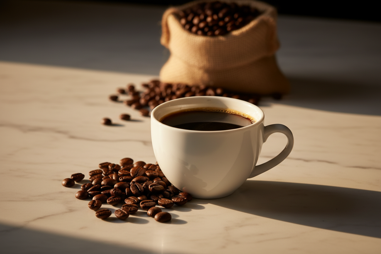 A sleek black coffee in a white ceramic cup on polished marble, whole Arabica beans scattered alongside, burlap sack softly blurred in the background — warm dramatic golden lighting throughout.