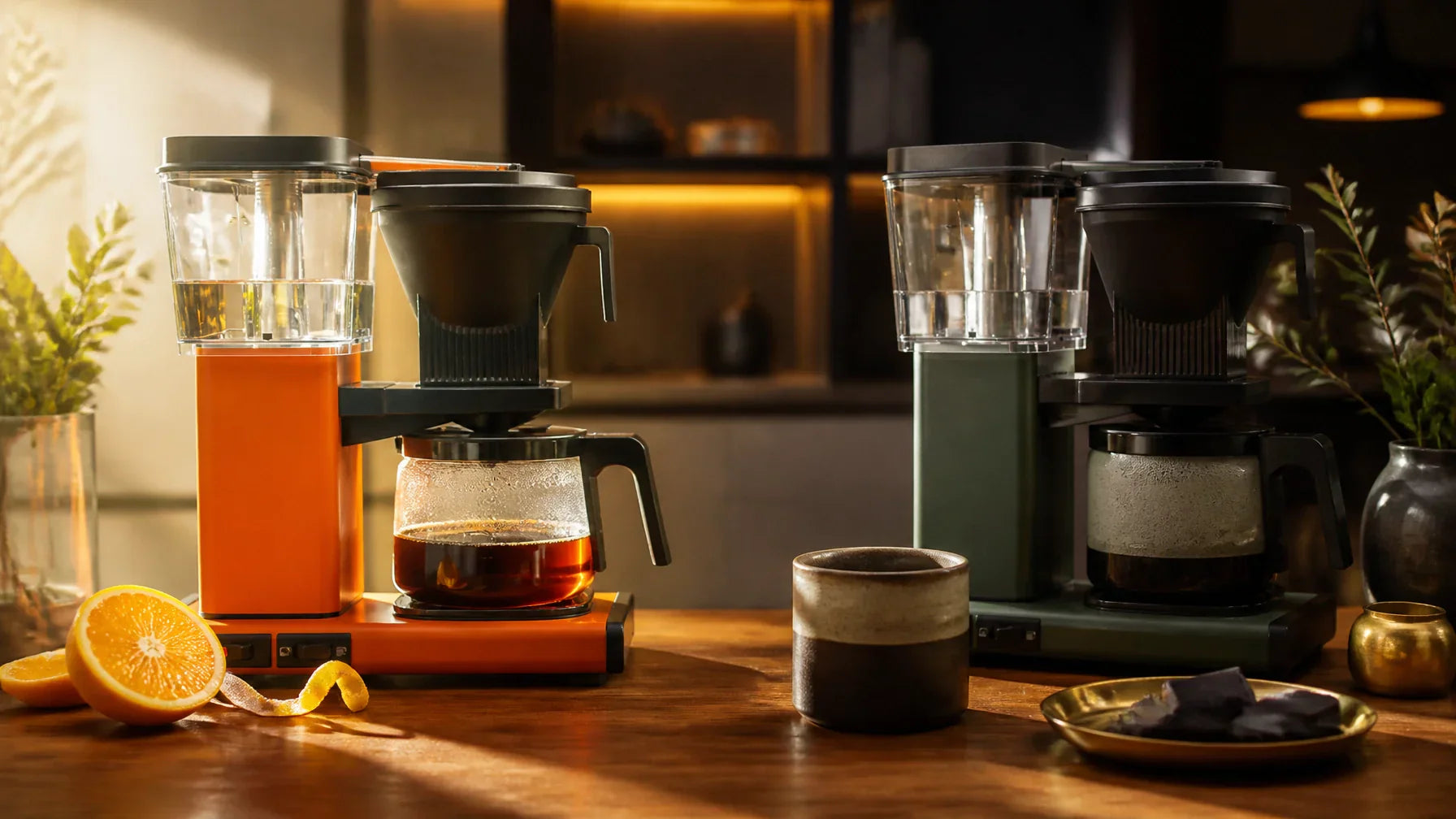 Two Crema Peaks coffee roasts side by side — the bright Golden Compass light roast and the rich Cerrado Midnight dark roast — both purity-tested and stomach-friendly.