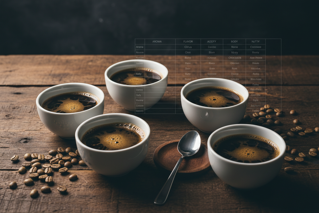 a professional cupping session with five white bowls, a cupping spoon, and green coffee beans, with a faint SCA-style scoring chart ghosted in the background 
