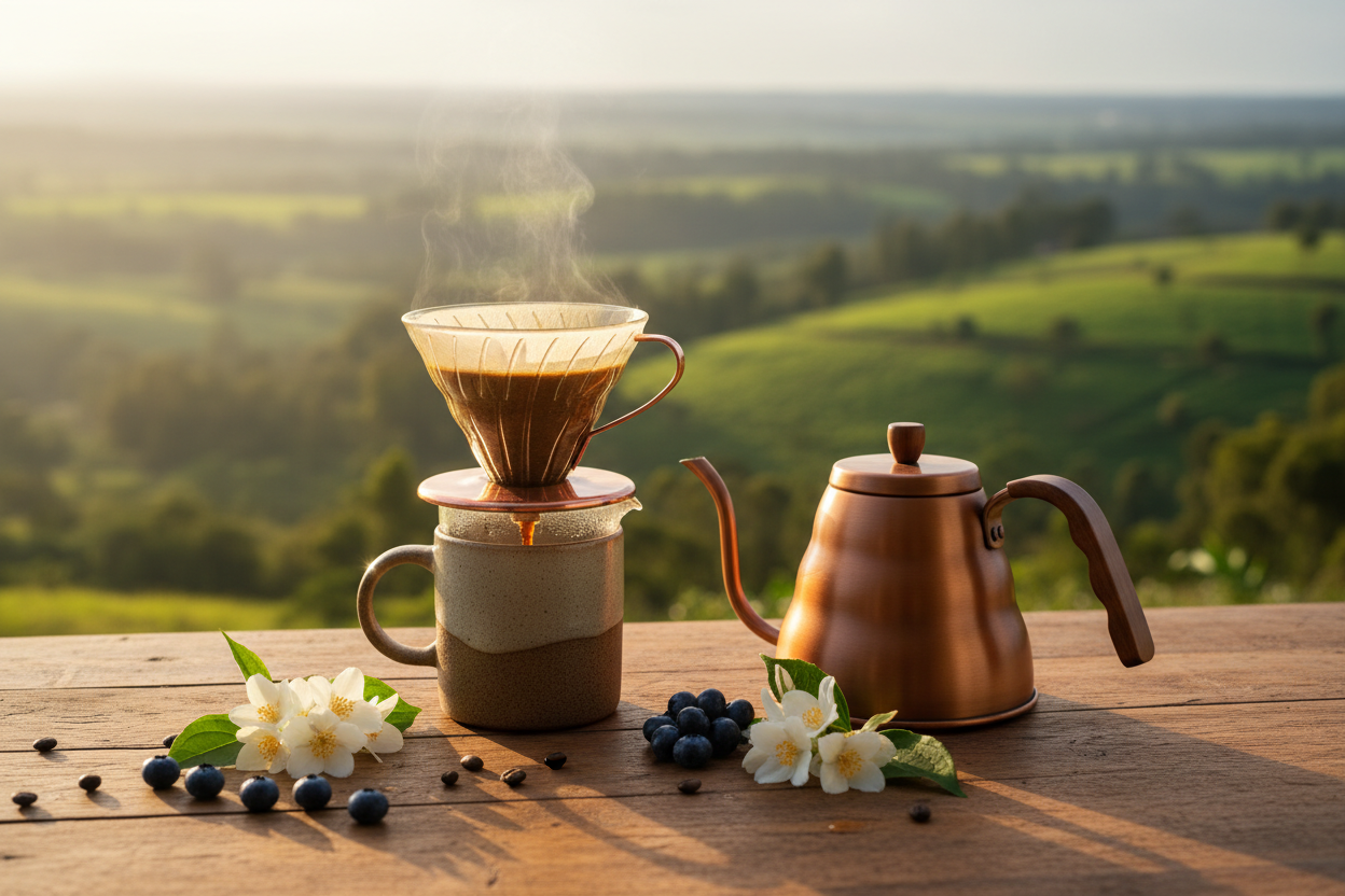 A premium pour-over coffee setup with jasmine flowers and blueberries in warm golden morning light, evoking Ethiopian highland origins