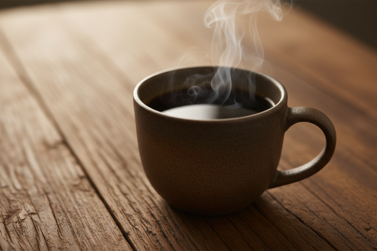 A close-up of a steaming ceramic mug of smooth black coffee on a rustic wooden surface with soft natural light, evoking a rich and balanced specialty coffee experience.