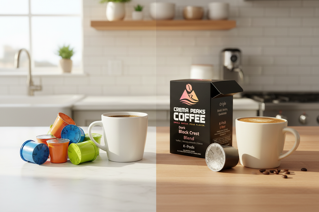 A side-by-side visual contrast — dull generic pod on the left vs. a premium specialty pod with rich crema on the right.