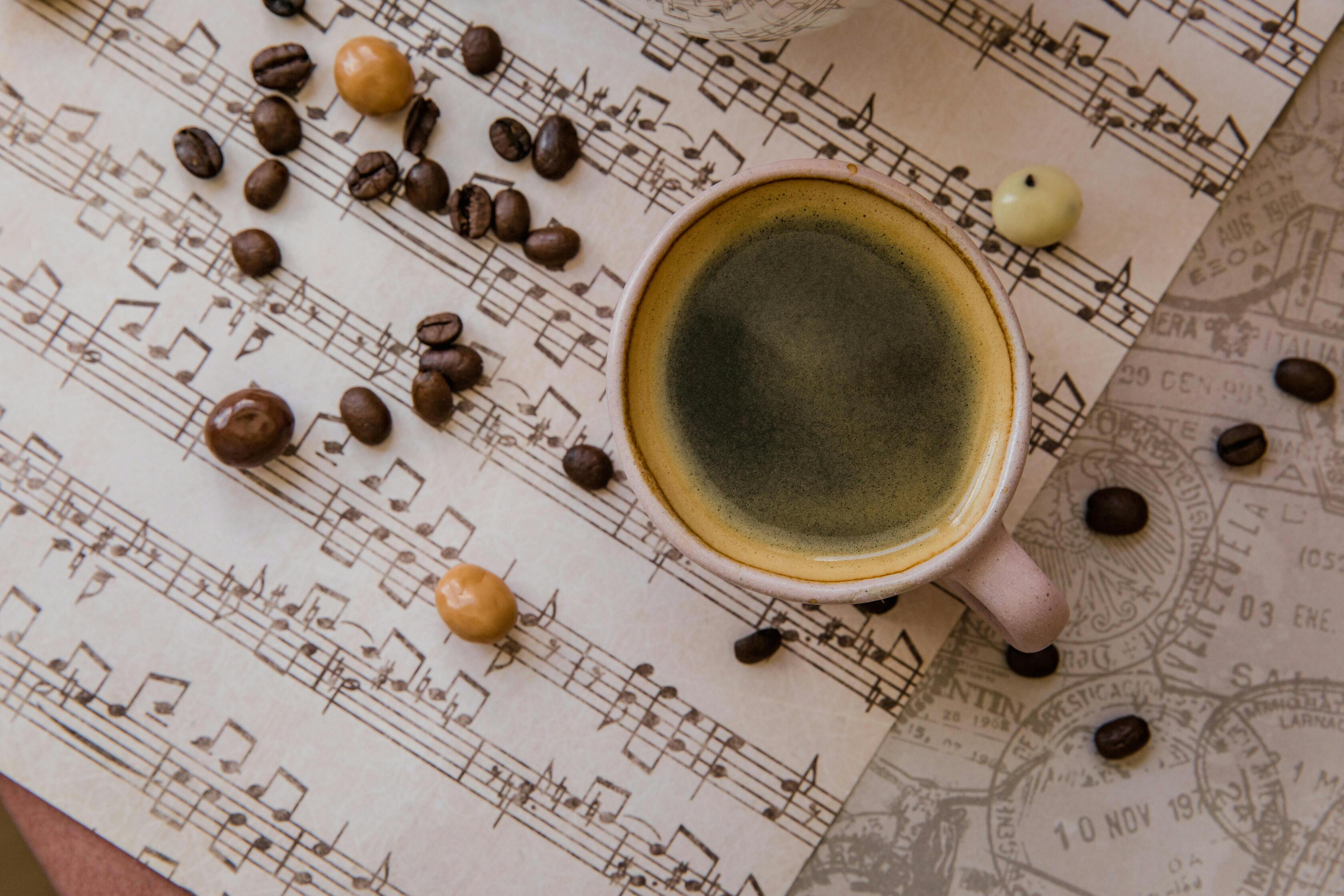A cup of coffee sitting on sheets of music with chocolate and coffee beans expressing flavor notes