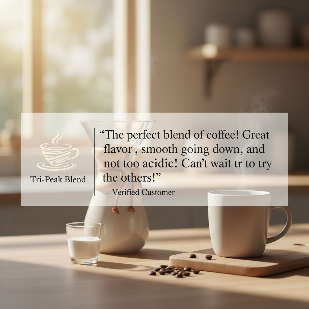 A person enjoying a smooth cup of low acid coffee in a bright morning kitchen setting, representing a gut-friendly and heartburn-free coffee ritual.