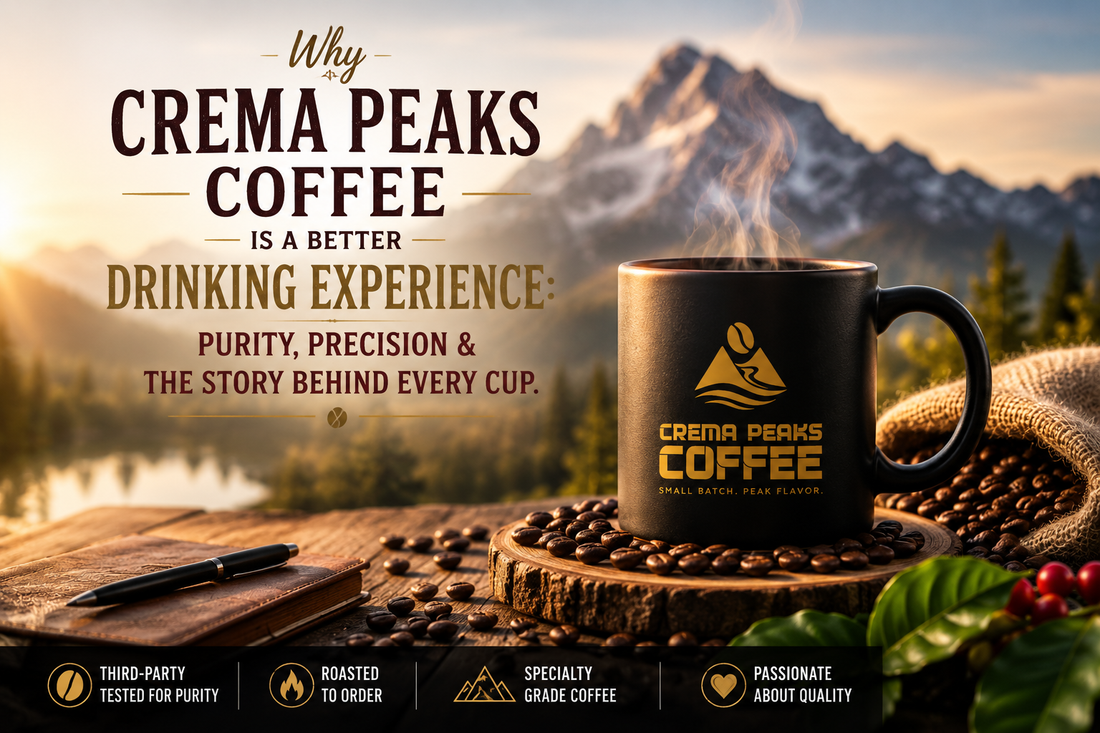 Steaming Crema Peaks Coffee mug with mountain backdrop and fresh coffee beans, representing specialty-grade, roasted-to-order coffee that is third-party tested for purity.