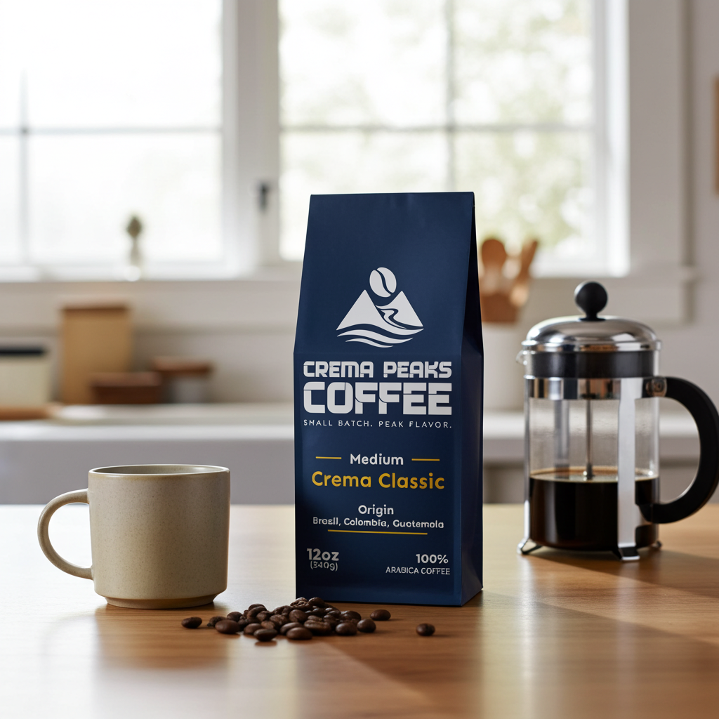 Crema Peaks Coffee Crema Classic medium roast bag with scattered coffee beans, a ceramic mug, and a French press on a bright kitchen counter