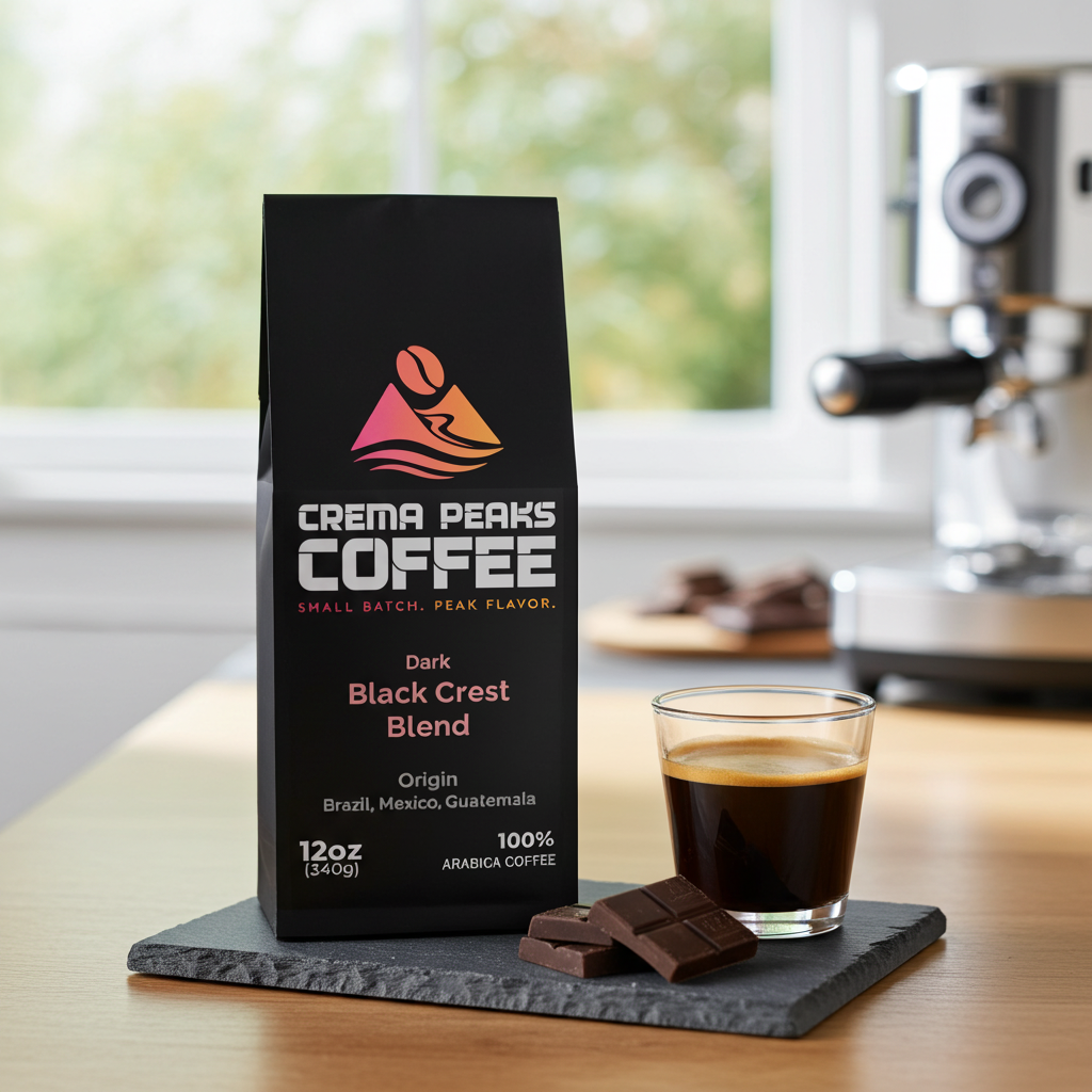 Crema Peaks Coffee Black Crest Blend dark roast bag with a pulled espresso shot, dark chocolate, and scattered coffee beans on a slate surface