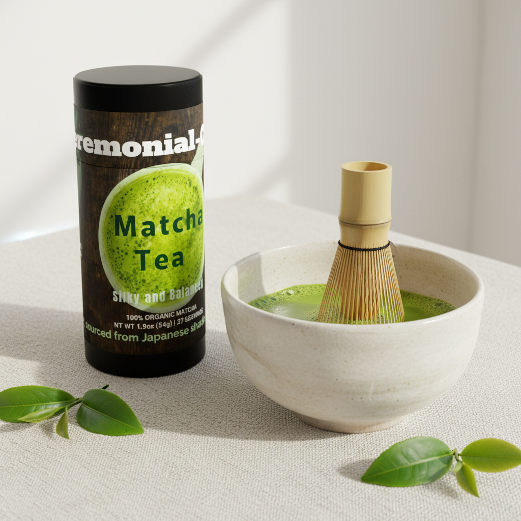 Crema Peaks organic ceremonial grade matcha tea canister beside a frothy ceramic matcha bowl with bamboo whisk and fresh green tea leaves on a bright linen surface
