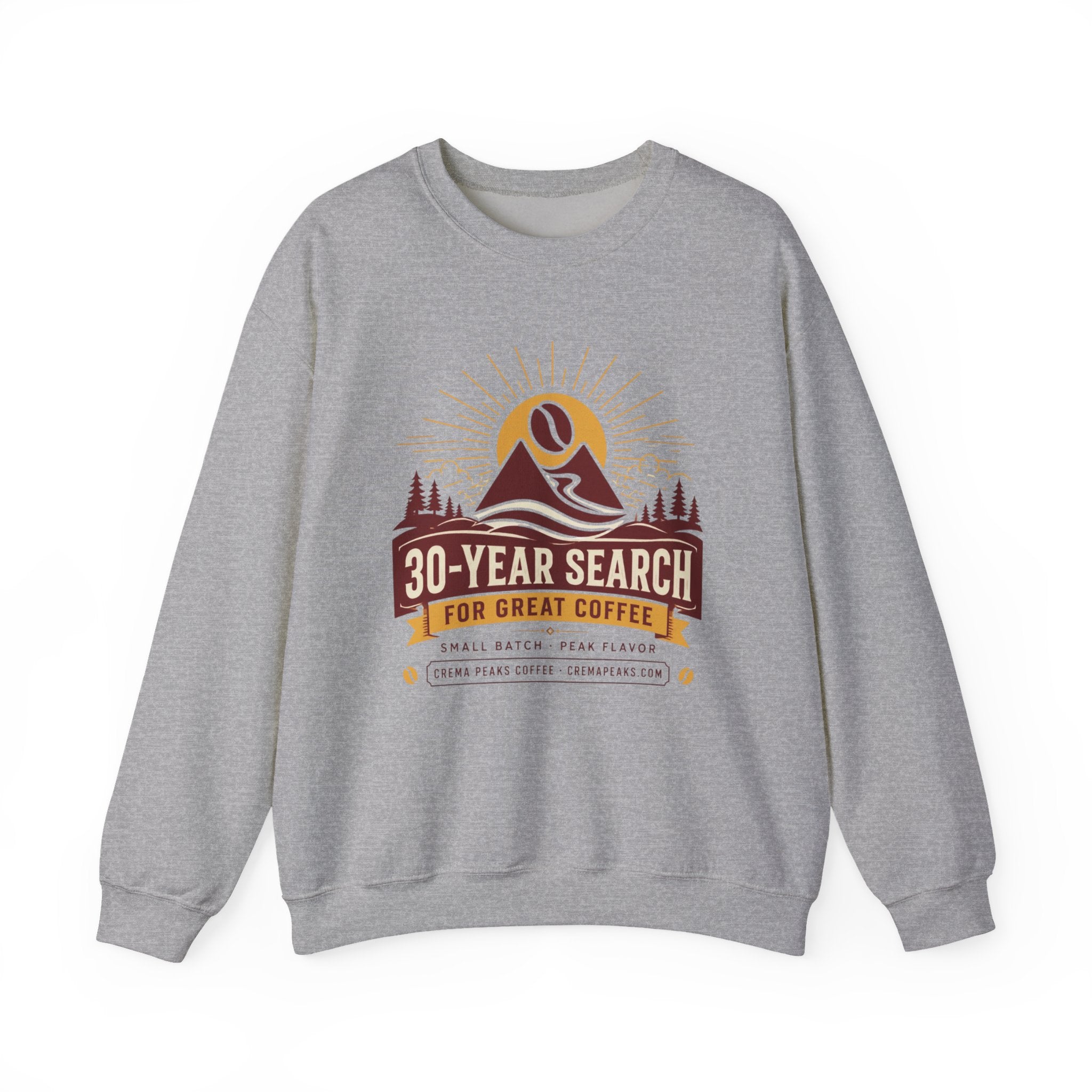 Coffee Adventure Sweatshirt — "30-Year Search for Great Coffee" Retro Mountain Crewneck