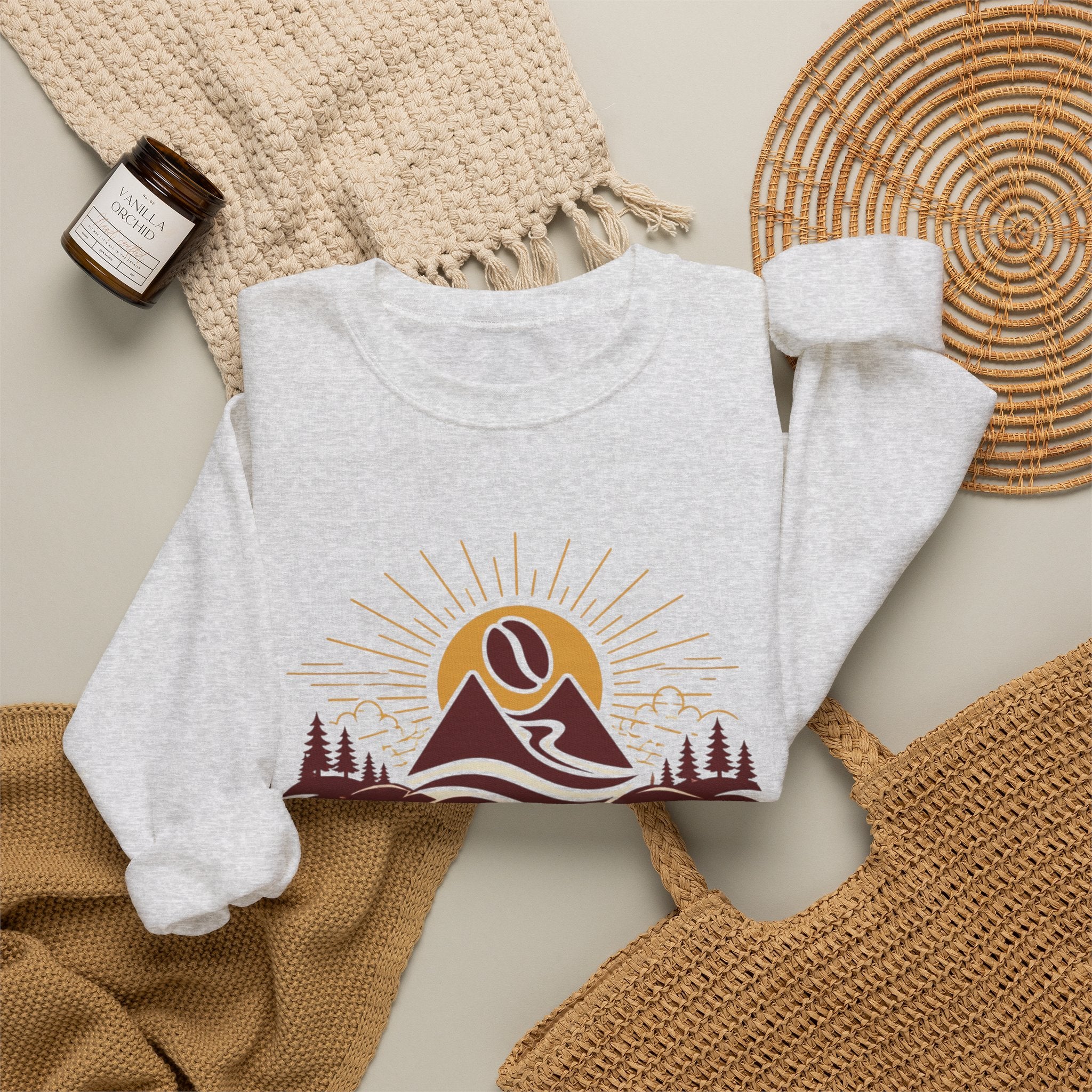 Coffee Adventure Sweatshirt — "30-Year Search for Great Coffee" Retro Mountain Crewneck