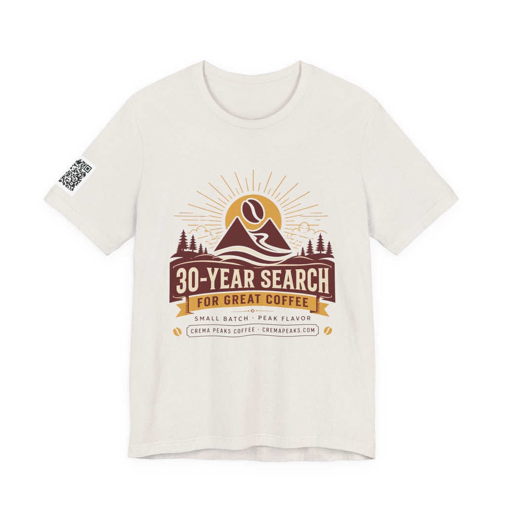 Coffee Adventure T‑Shirt — "30‑Year Search for Great Coffee" Vintage Mountain Graphic