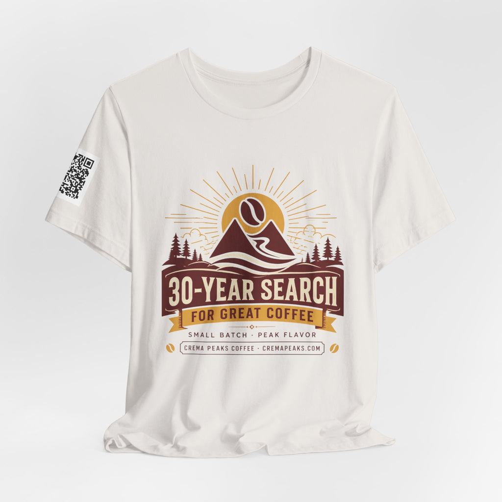 Coffee Adventure T‑Shirt — "30‑Year Search for Great Coffee" Vintage Mountain Graphic