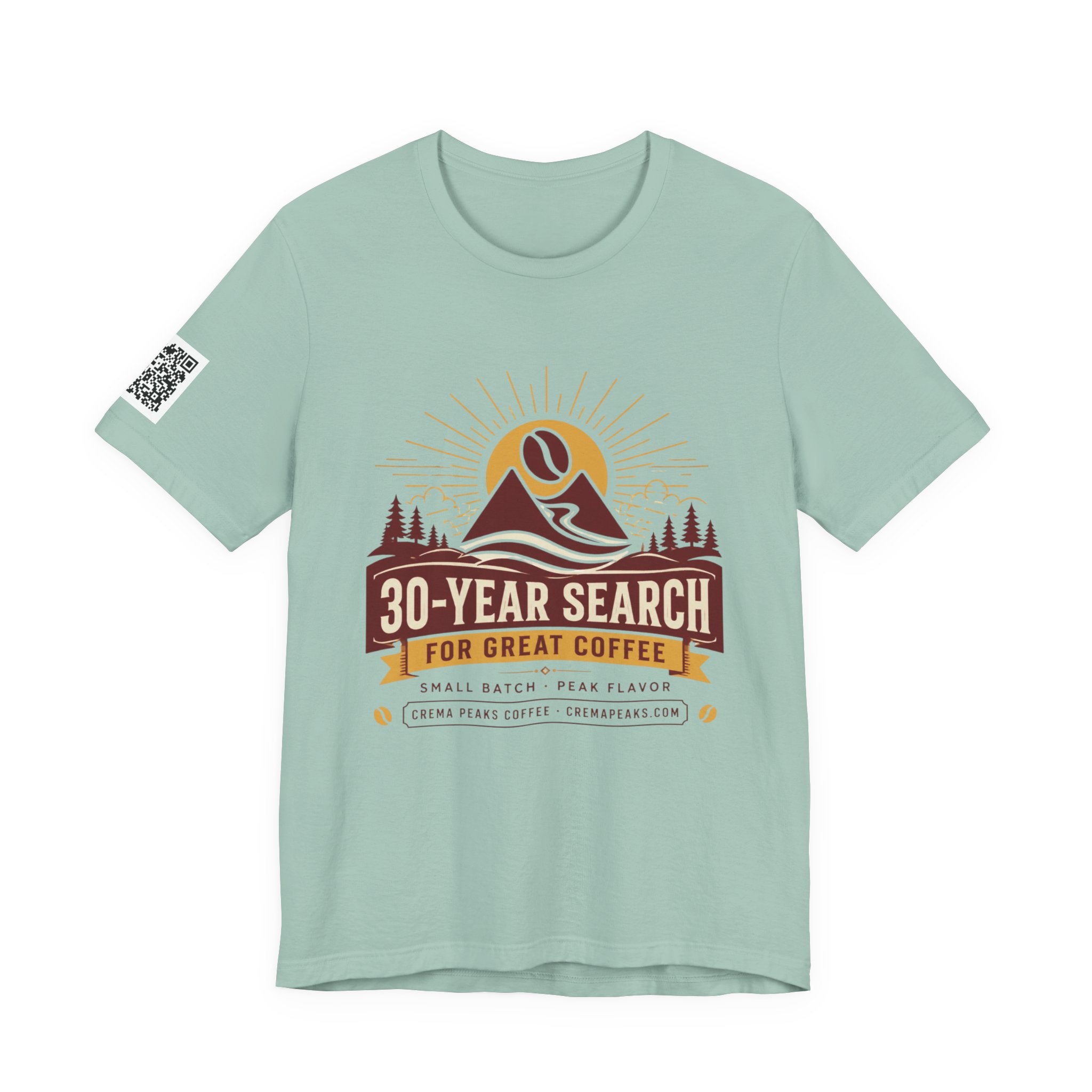 Coffee Adventure T‑Shirt — "30‑Year Search for Great Coffee" Vintage Mountain Graphic