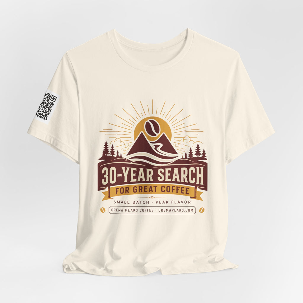 Coffee Adventure T‑Shirt — "30‑Year Search for Great Coffee" Vintage Mountain Graphic