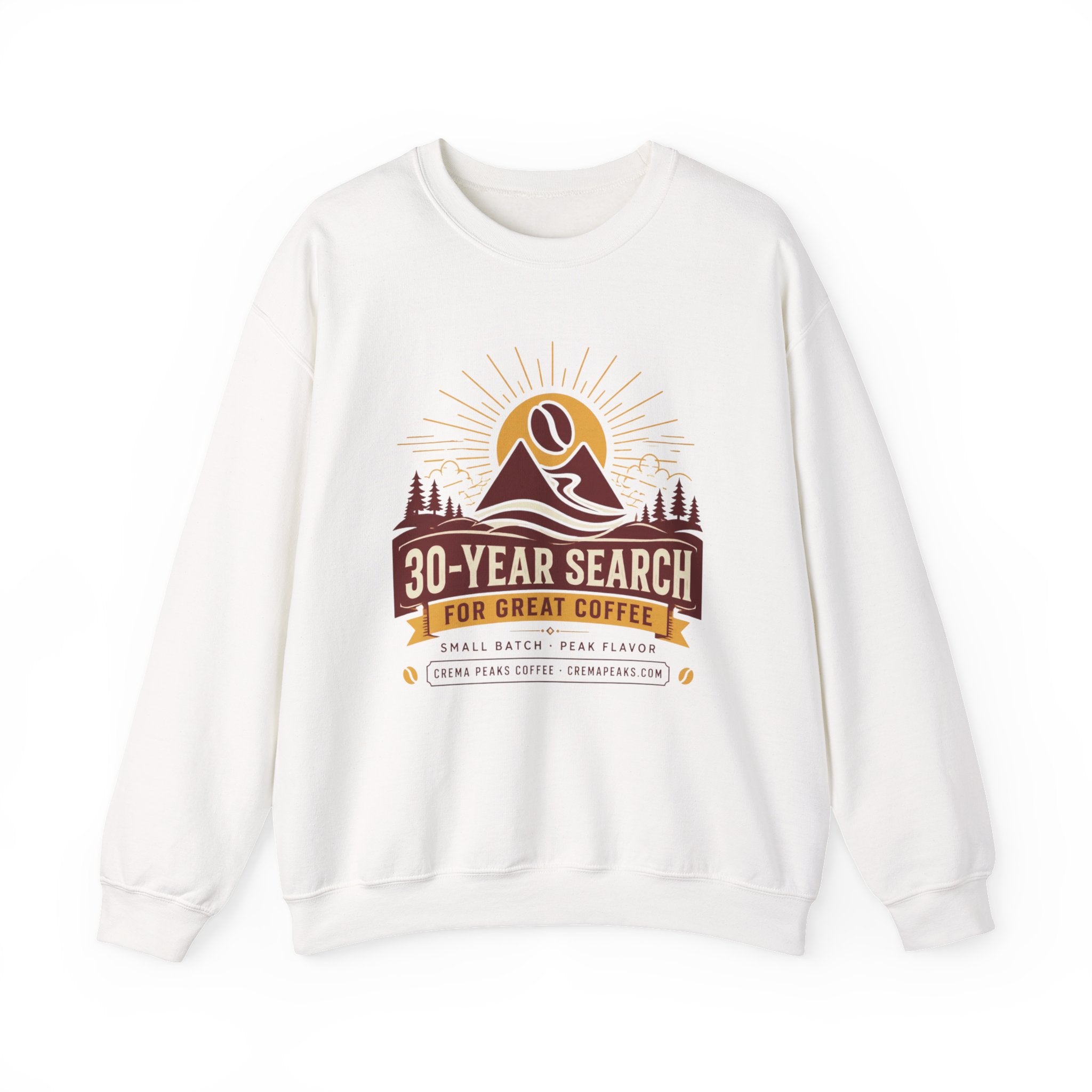 Coffee Adventure Sweatshirt — "30-Year Search for Great Coffee" Retro Mountain Crewneck