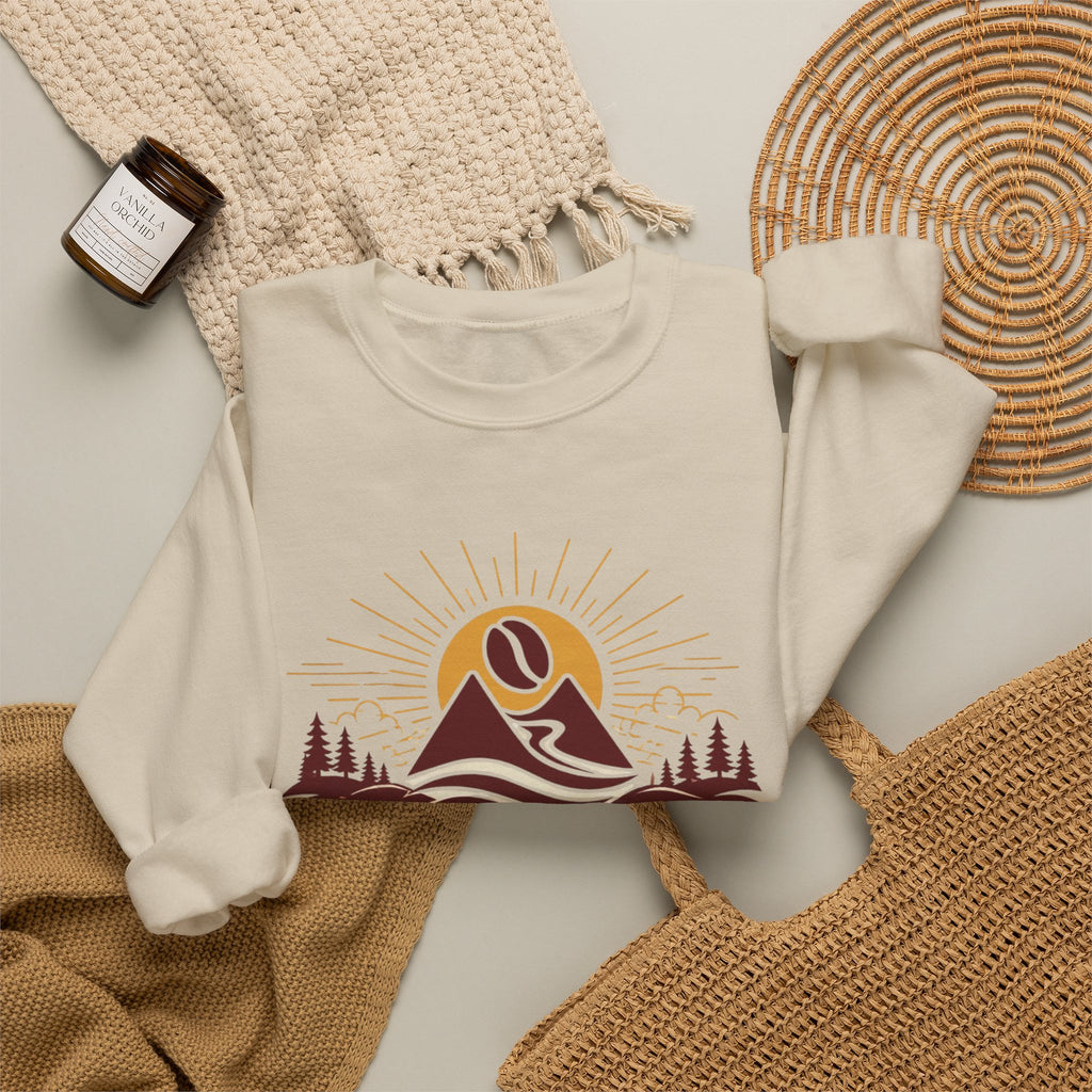 Coffee Adventure Sweatshirt — "30-Year Search for Great Coffee" Retro Mountain Crewneck