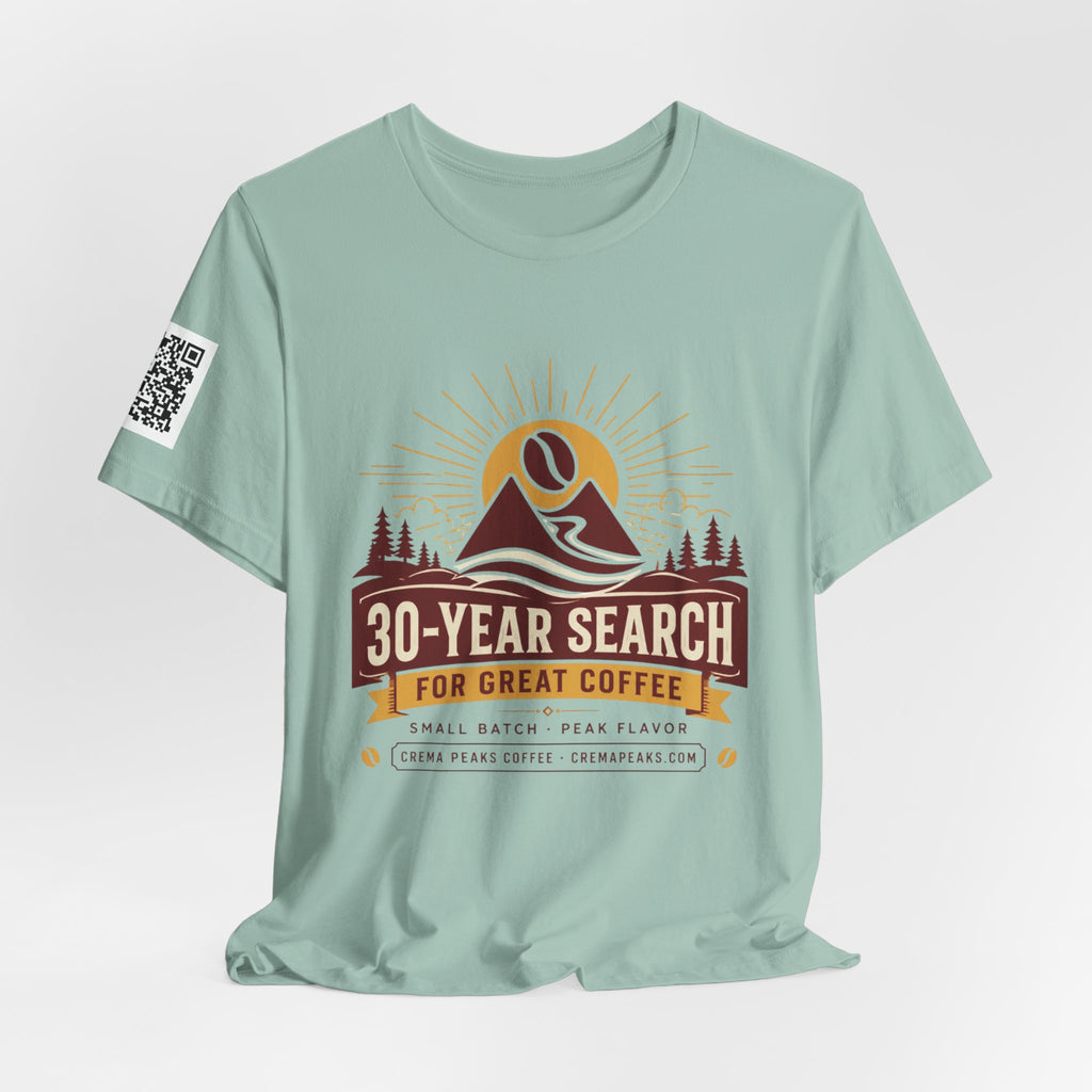 Coffee Adventure T‑Shirt — "30‑Year Search for Great Coffee" Vintage Mountain Graphic