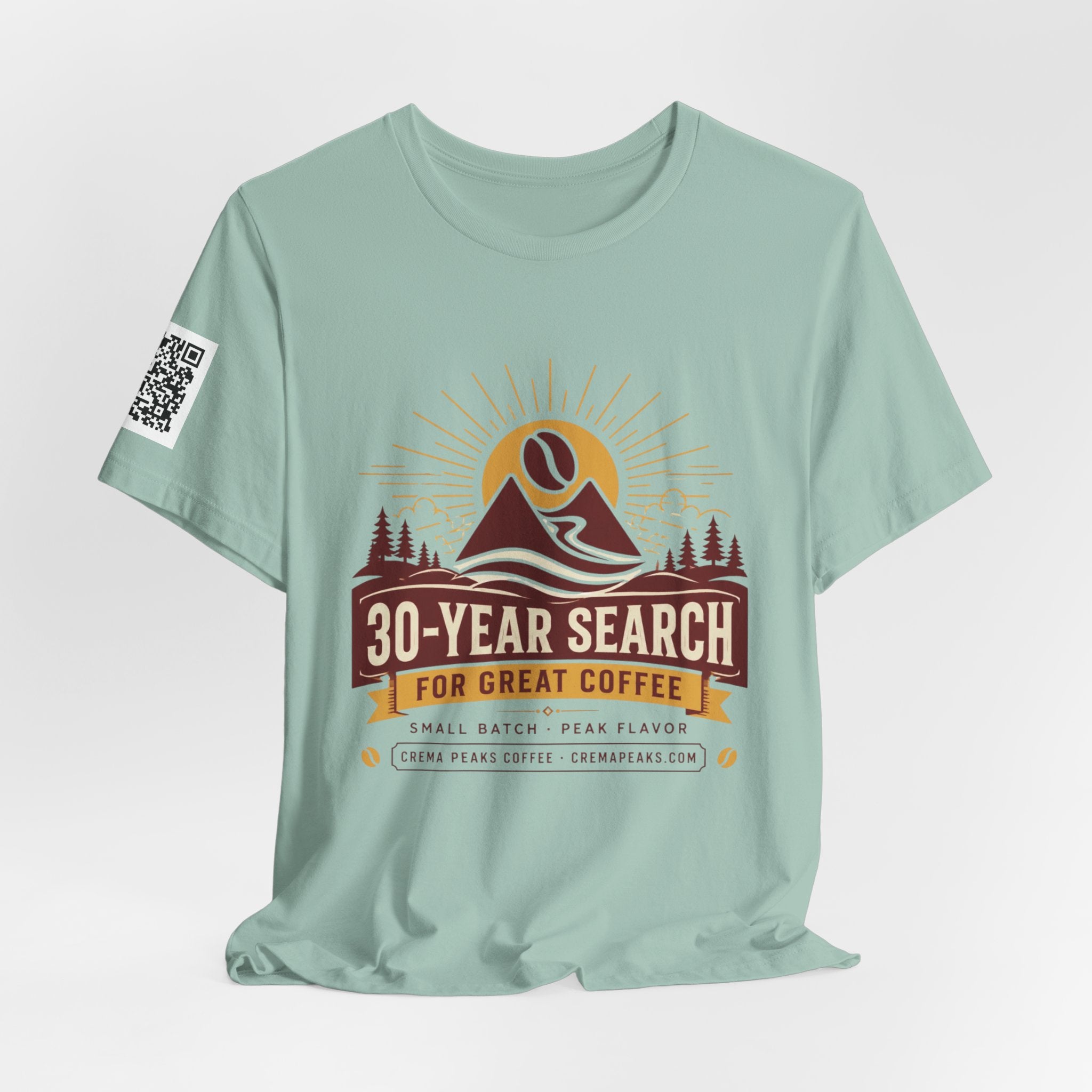 Coffee Adventure T‑Shirt — "30‑Year Search for Great Coffee" Vintage Mountain Graphic