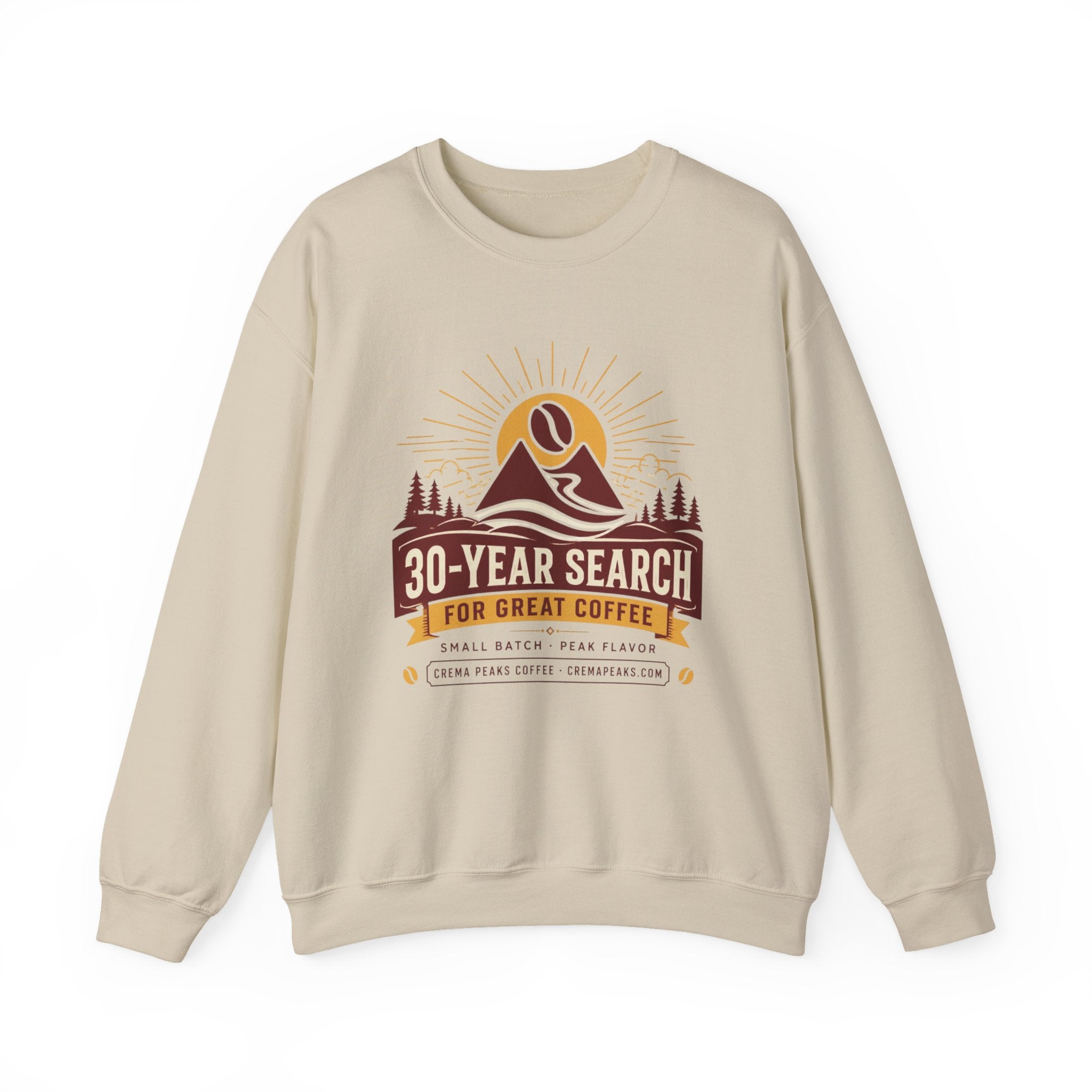 Coffee Adventure Sweatshirt — "30-Year Search for Great Coffee" Retro Mountain Crewneck