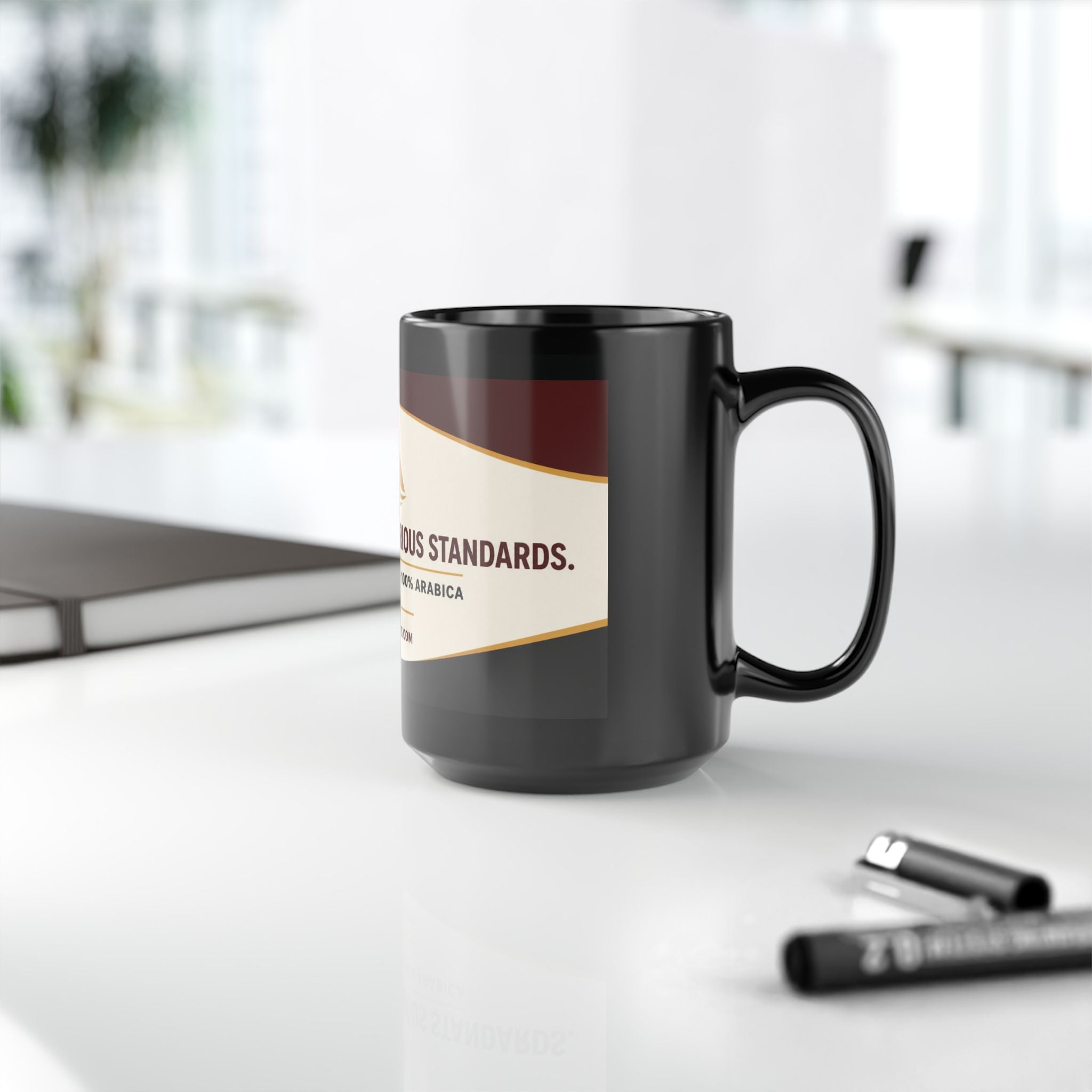 Black 15oz Coffee Mug — "Smooth Flavor. Serious Standards." Specialty-Grade Arabica Design