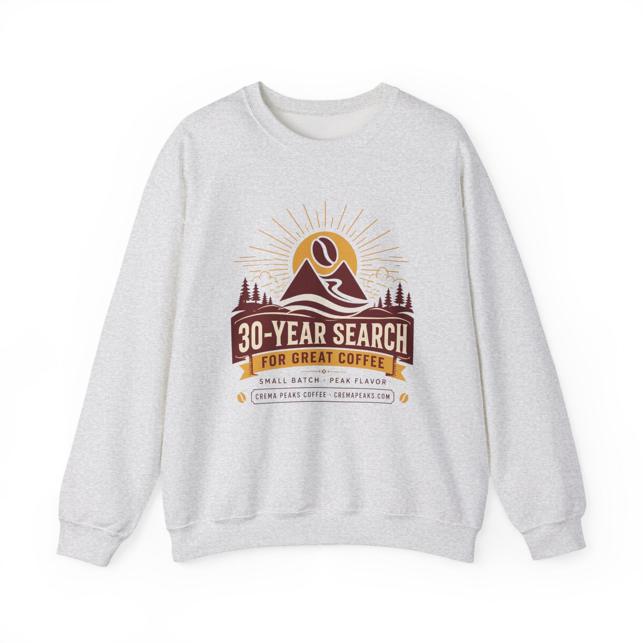 Coffee Adventure Sweatshirt — "30-Year Search for Great Coffee" Retro Mountain Crewneck