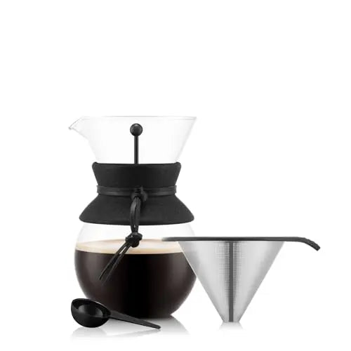 Bodum 34oz Pour Over Coffee Maker, High-Heat Borosilicate Glass with Reusable Stainless Steel Filter and Cork Grip - Made in Portugal - Crema Peaks Coffee