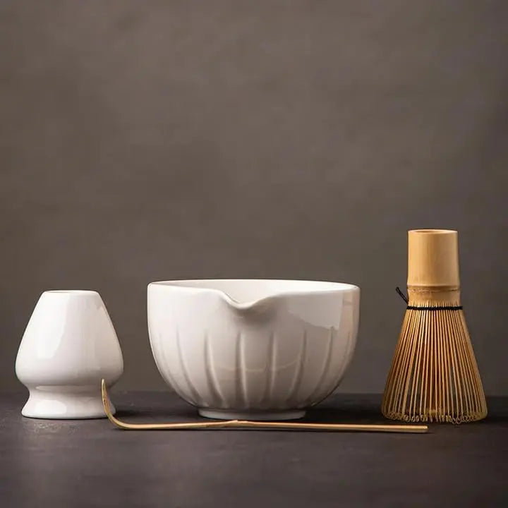Matcha Set by TANG PIN - Match Bowl with Spout and Whisk, 15 OZ, Matcha Scoop | Matcha Whisk Stand (Chasen Holder) - 4pc Perfect Matcha Kit for Matcha Tea Ceremony (Green) - Crema Peaks Coffee