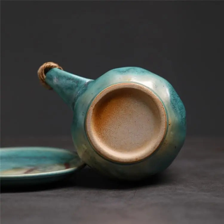 8oz Vintage Retro Japanese Style Handmade Ceramic Tea Cup and Saucer – Small Artisanal Mug with saucer set, Lead-Free Latte Art Mug, Handcrafted Pottery tea mug with handle,Teal Green - Crema Peaks Coffee
