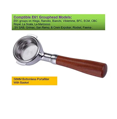58mm Bottomless Portafilter Compatible with E61 Grouphead Flair 58, ECM, Rocket Espresso Machine Stainless Steel Naked Portafilter with Filter Basket Handle-Wooden, Rosewooden - Crema Peaks Coffee