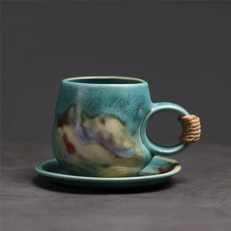 8oz Vintage Retro Japanese Style Handmade Ceramic Tea Cup and Saucer – Small Artisanal Mug with saucer set, Lead-Free Latte Art Mug, Handcrafted Pottery tea mug with handle,Teal Green - Crema Peaks Coffee