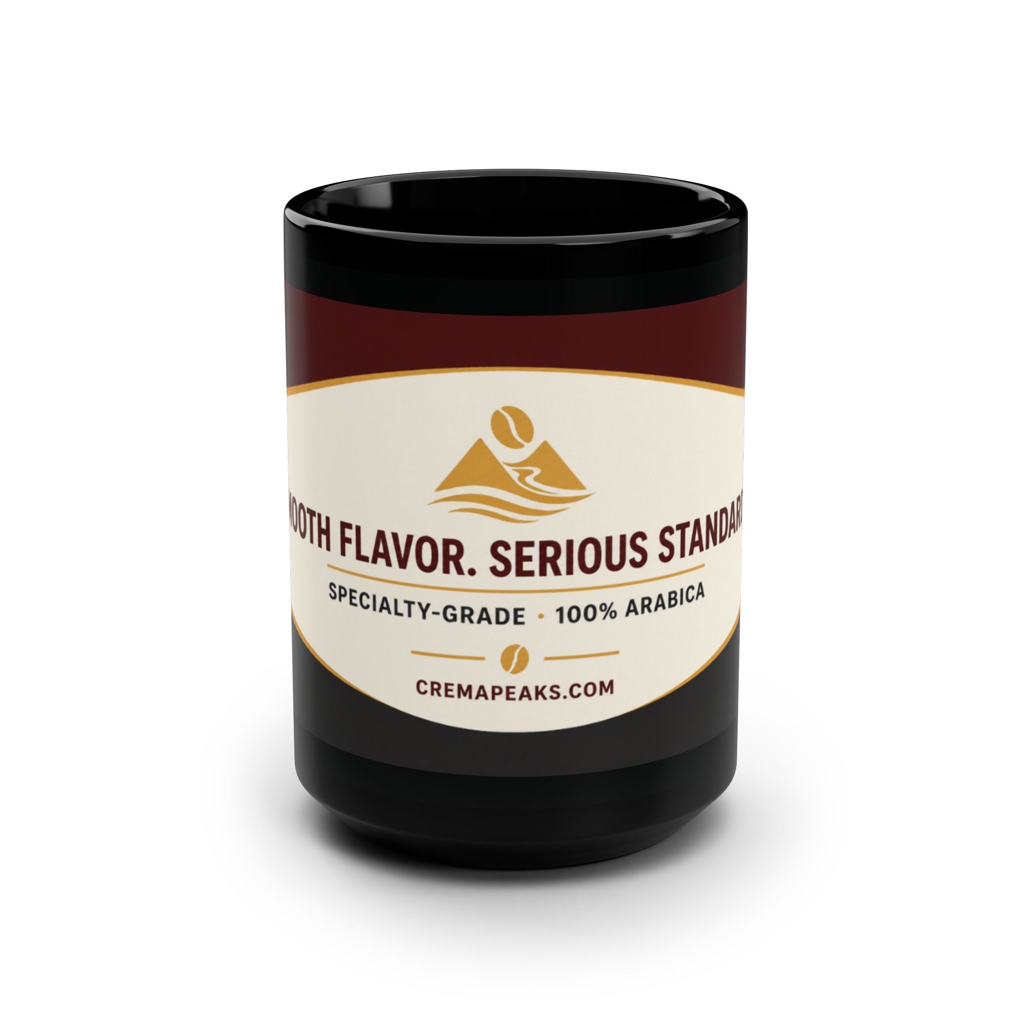 Black 15oz Coffee Mug — "Smooth Flavor. Serious Standards." Specialty-Grade Arabica Design