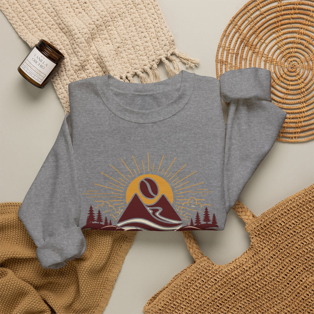 Coffee Adventure Sweatshirt — "30-Year Search for Great Coffee" Retro Mountain Crewneck