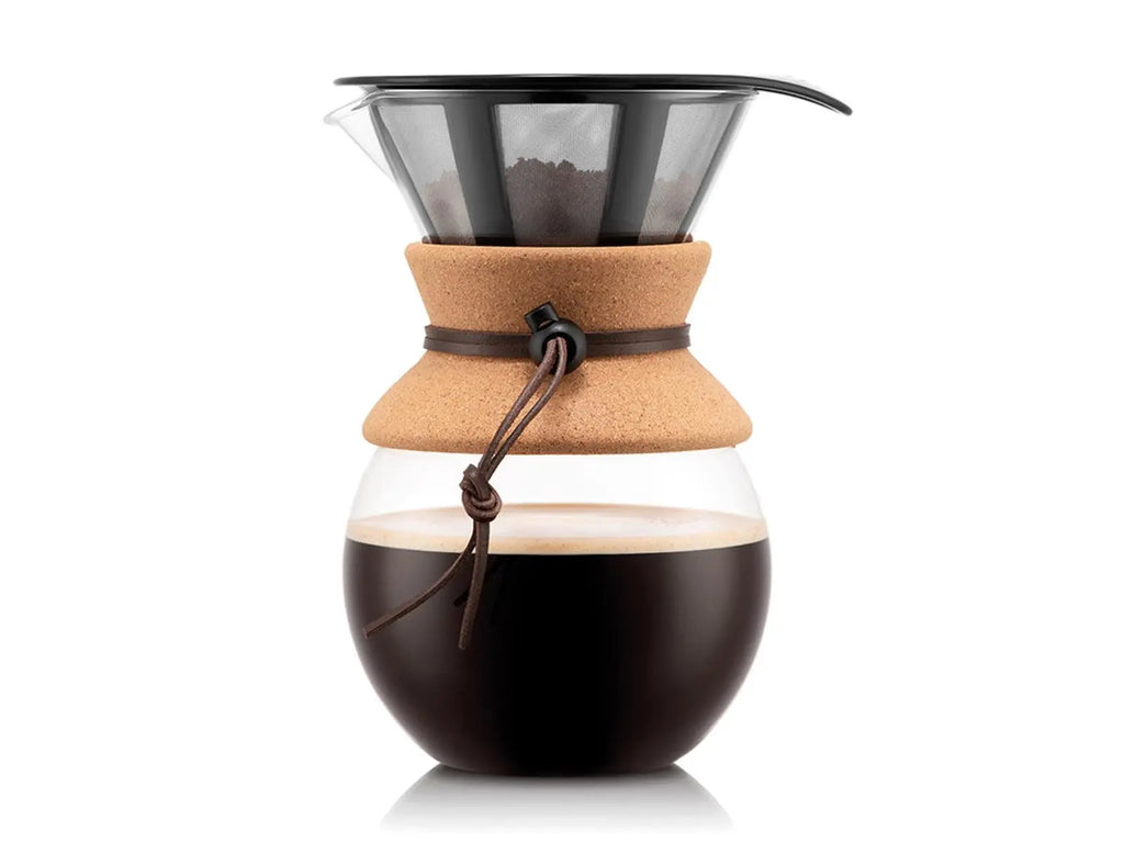 Bodum 34oz Pour Over Coffee Maker, High-Heat Borosilicate Glass with Reusable Stainless Steel Filter and Cork Grip - Made in Portugal - Crema Peaks Coffee