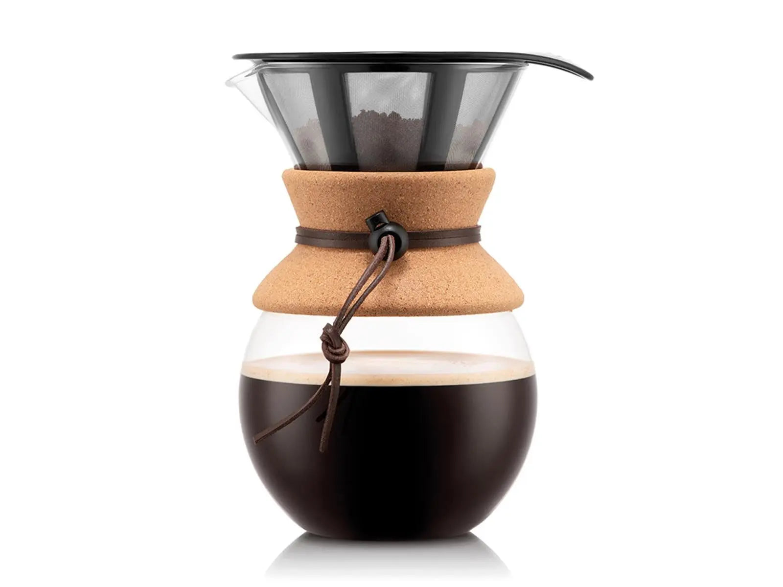 Bodum 34oz Pour Over Coffee Maker, High-Heat Borosilicate Glass with Reusable Stainless Steel Filter and Cork Grip - Made in Portugal - Crema Peaks Coffee