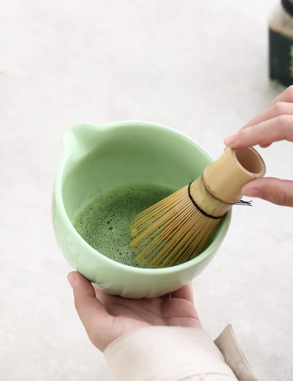 Matcha Set by TANG PIN - Match Bowl with Spout and Whisk, 15 OZ, Matcha Scoop | Matcha Whisk Stand (Chasen Holder) - 4pc Perfect Matcha Kit for Matcha Tea Ceremony (Green) - Crema Peaks Coffee