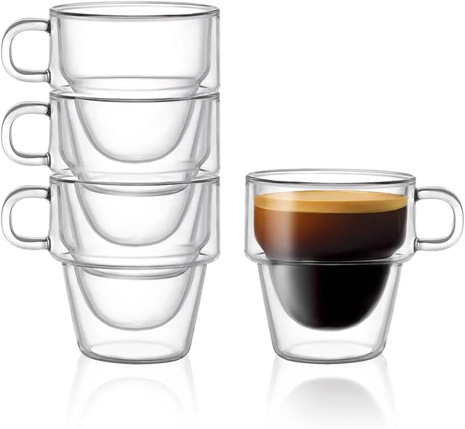 Double Wall Insulated Espresso Glass Cups by JoyJolt Stoiva – 5 oz. (150 ml) Shot Cup with Handle – Stackable Thermal Clear Glass Cups, Fit for Espresso Machine and Coffee Maker – Set of 4 - Crema Peaks Coffee