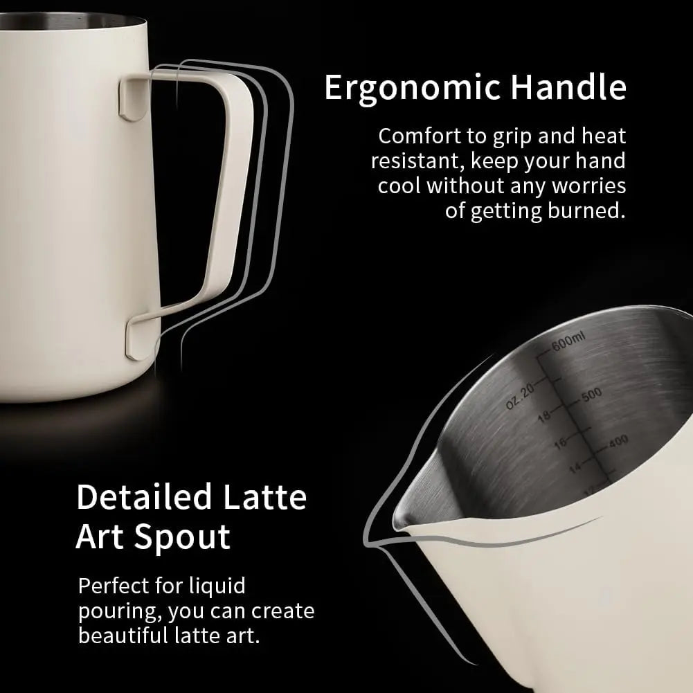 Milk Frothing Pitcher 20oz/600ml - Stainless Steel Espresso Steaming Pitcher for Cappuccino & Latte Art, Creamy White - Crema Peaks Coffee