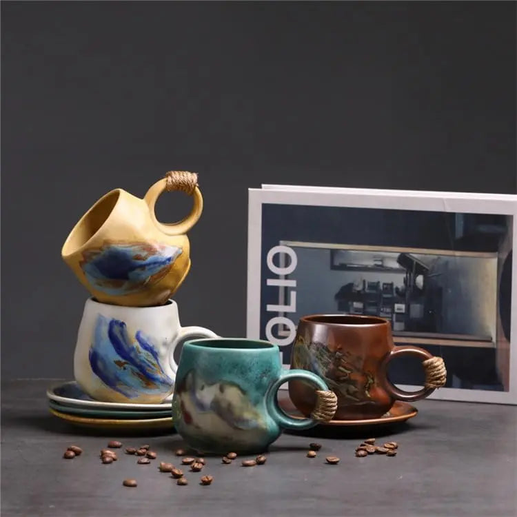 8oz Vintage Retro Japanese Style Handmade Ceramic Tea Cup and Saucer – Small Artisanal Mug with saucer set, Lead-Free Latte Art Mug, Handcrafted Pottery tea mug with handle,Teal Green - Crema Peaks Coffee