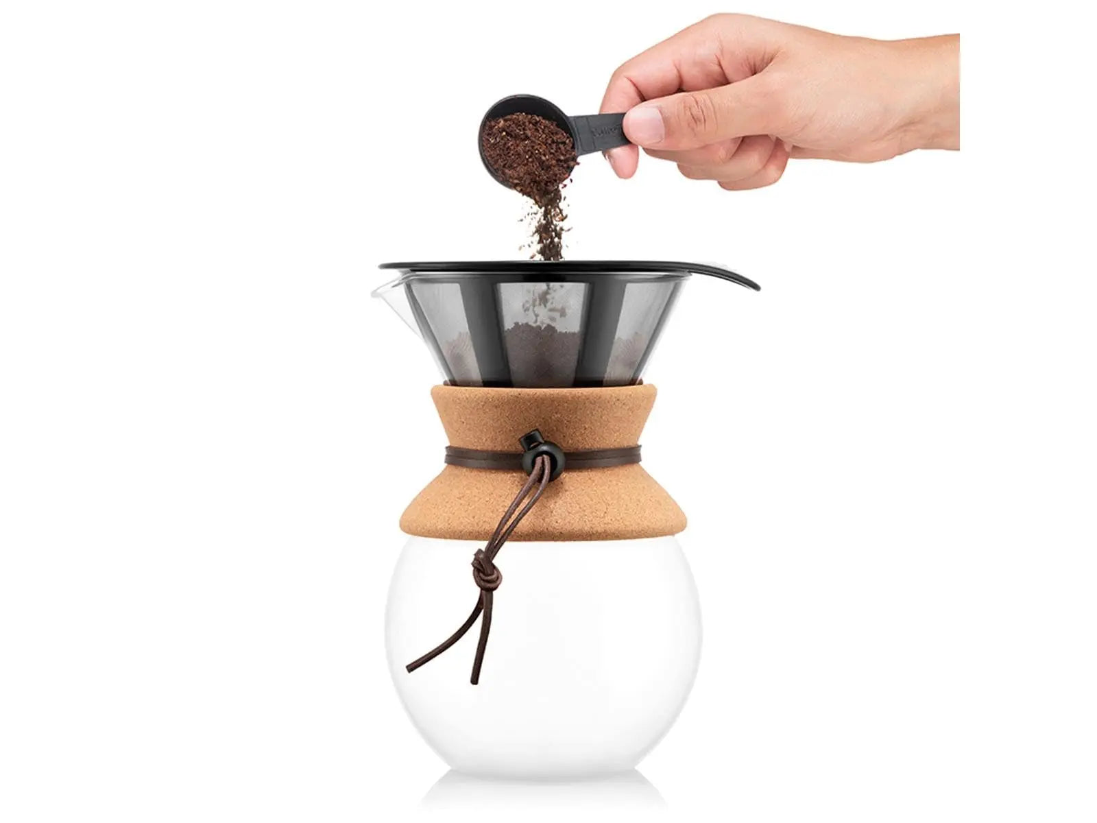 Bodum 34oz Pour Over Coffee Maker, High-Heat Borosilicate Glass with Reusable Stainless Steel Filter and Cork Grip - Made in Portugal - Crema Peaks Coffee