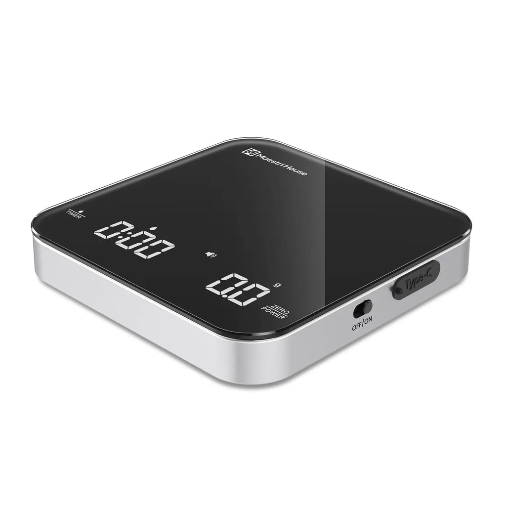 Maestri House Mini Coffee Scale with Timer, USB-C Rechargeable Espresso Scale, 2kg/0.1g Accurate Scale for Espresso and Pour-Over Coffee, Portable Digital Kitchen Scale with Auto Timer (Black&Silver) - Crema Peaks Coffee