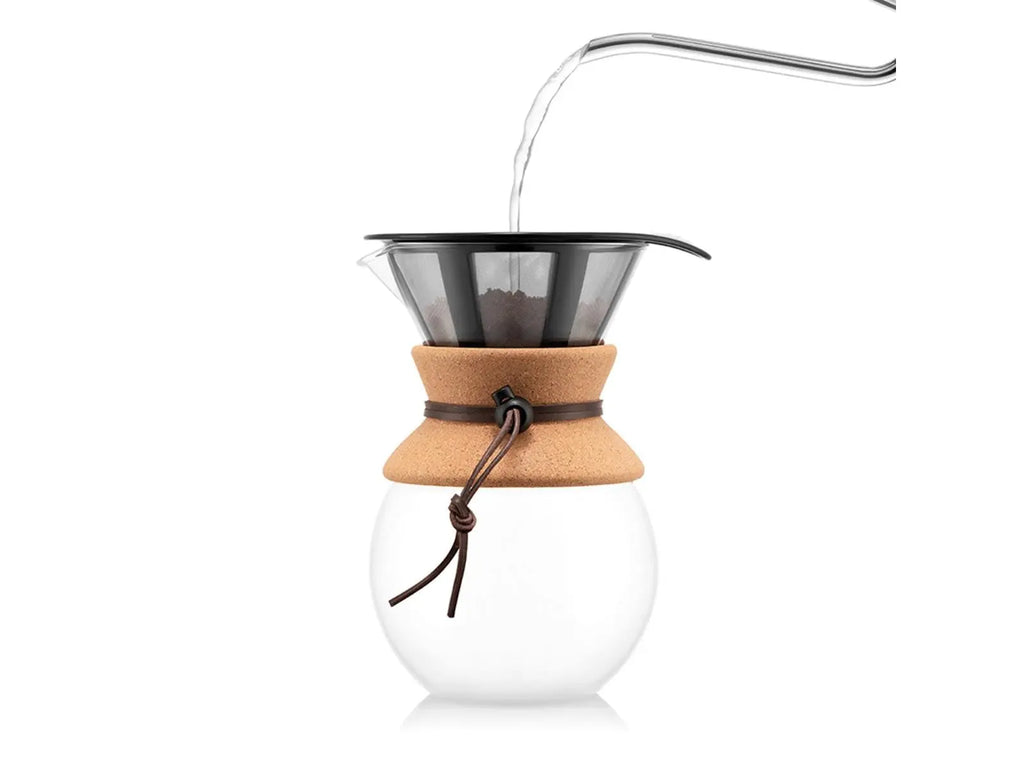 Bodum 34oz Pour Over Coffee Maker, High-Heat Borosilicate Glass with Reusable Stainless Steel Filter and Cork Grip - Made in Portugal - Crema Peaks Coffee
