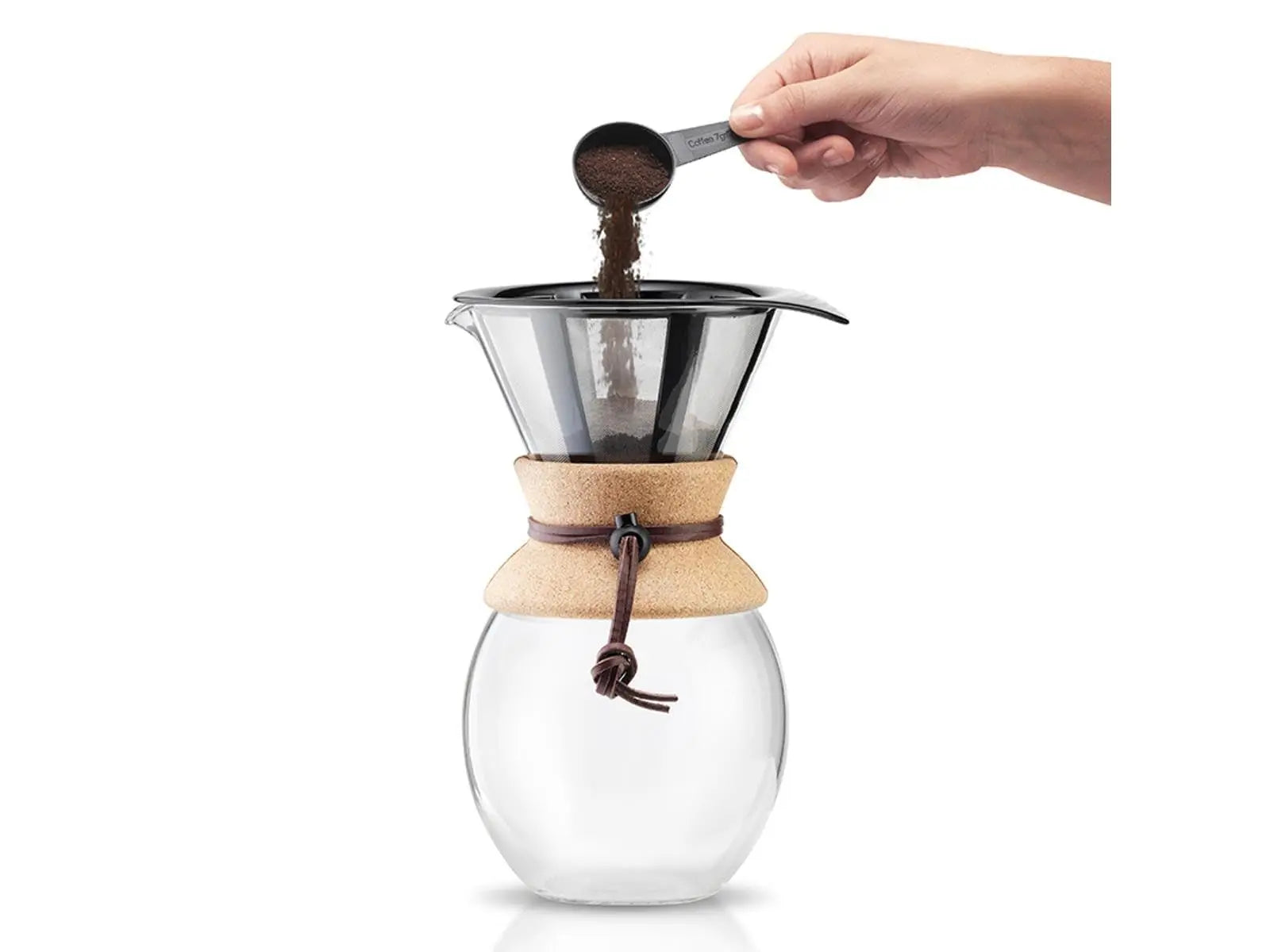 Bodum 34oz Pour Over Coffee Maker, High-Heat Borosilicate Glass with Reusable Stainless Steel Filter and Cork Grip - Made in Portugal - Crema Peaks Coffee