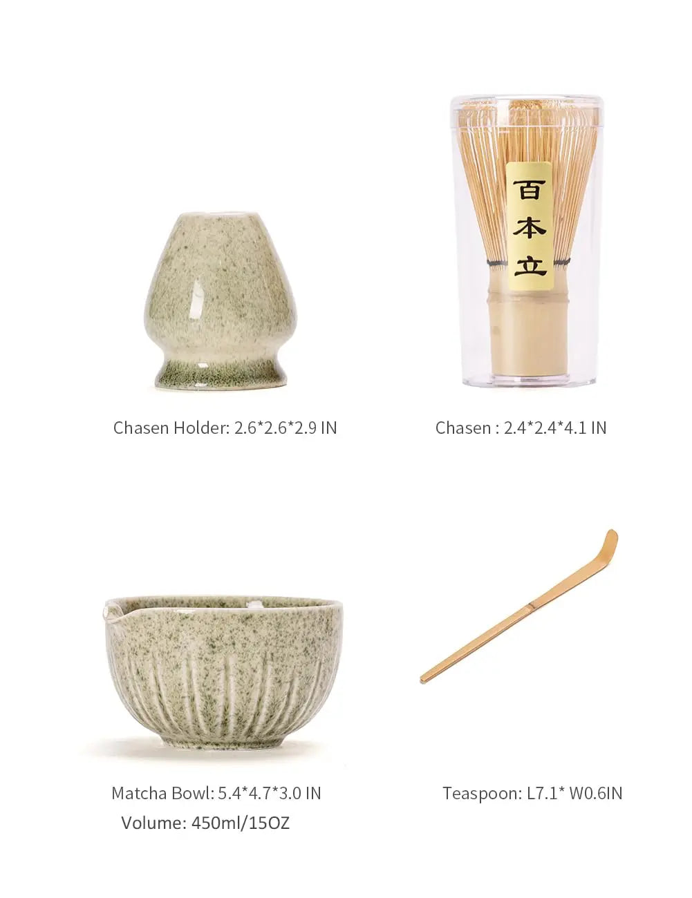 Matcha Set by TANG PIN - Match Bowl with Spout and Whisk, 15 OZ, Matcha Scoop | Matcha Whisk Stand (Chasen Holder) - 4pc Perfect Matcha Kit for Matcha Tea Ceremony (Green) - Crema Peaks Coffee