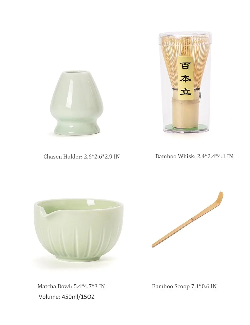 Matcha Set by TANG PIN - Match Bowl with Spout and Whisk, 15 OZ, Matcha Scoop | Matcha Whisk Stand (Chasen Holder) - 4pc Perfect Matcha Kit for Matcha Tea Ceremony (Green) - Crema Peaks Coffee