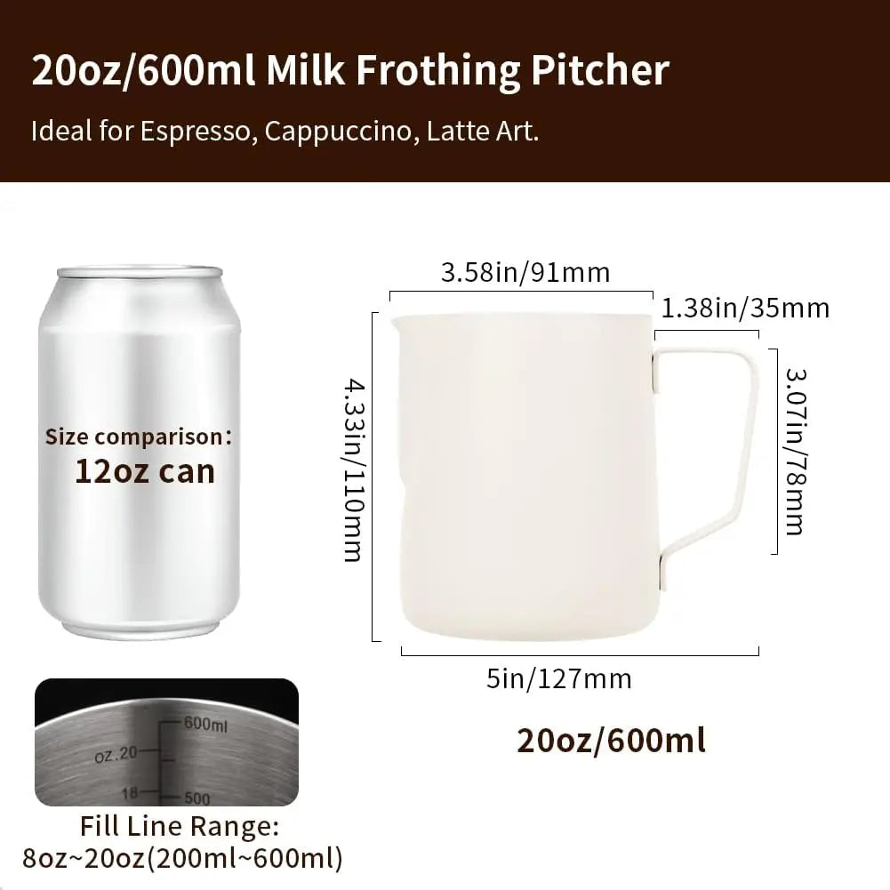 Milk Frothing Pitcher 20oz/600ml - Stainless Steel Espresso Steaming Pitcher for Cappuccino & Latte Art, Creamy White - Crema Peaks Coffee